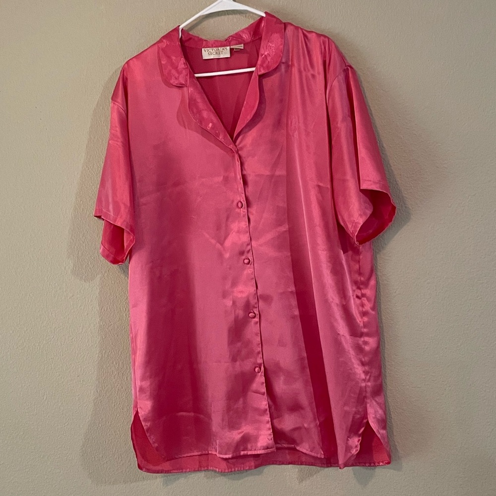 Vintage Gold Label Victoria's Secret Pink Satin Button-Up Sleep Shirt